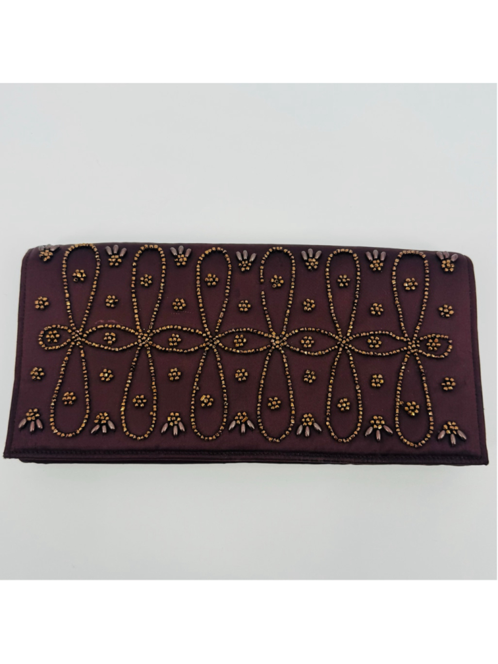 Vintage 1960’s Magid Hand-Beaded Clutch Evening Bag Brown Satin Bronze